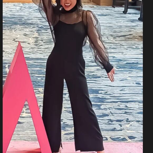 Black Halo Cocktail Jumpsuit SIZE 6 Organza Wide Leg Split Hem Party USA $485 - Picture 6 of 13